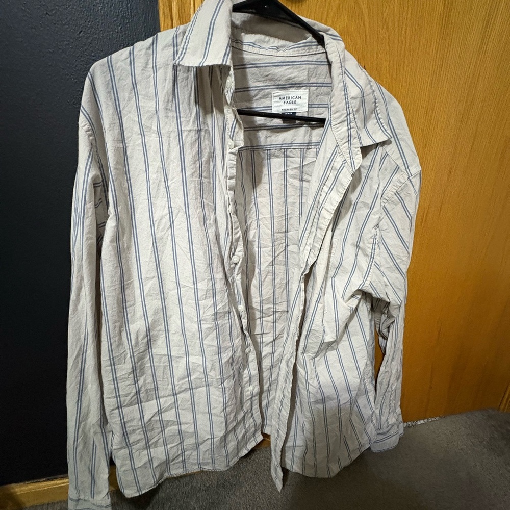 American Eagle Outfitters Striped Button Down Shirt- Cream and Blue